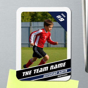 Soccer Player Trading Card in Vigorous Blue White Magnet