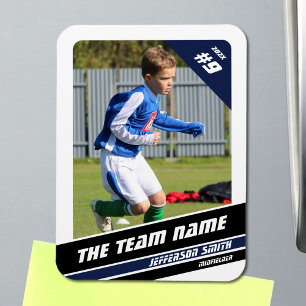 Soccer Player Trading Card in Vigorous Blue White Magnet