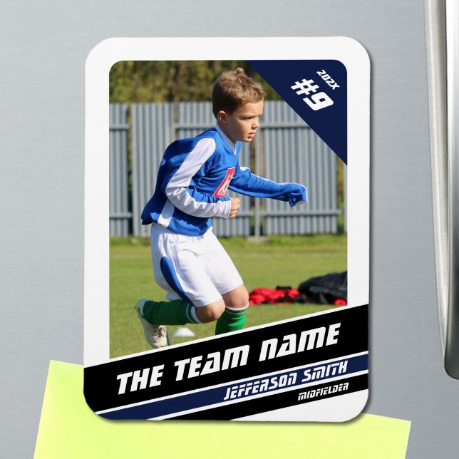 Soccer Player Trading Card in Vigorous Blue White Magnet (Soccer Player Magnet in White with Custom Team Name and Blue Black Elements)