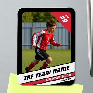 Soccer Player Trading Card in Vigorous Red Black Magnet