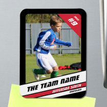 Soccer Player Trading Card in Vigorous Red Black Magnet