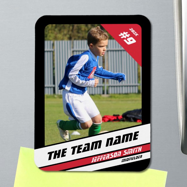 Soccer Player Trading Card in Vigorous Red Black Magnet (Soccer Player Magnet in Black with Custom Team Name and Red White Elements)