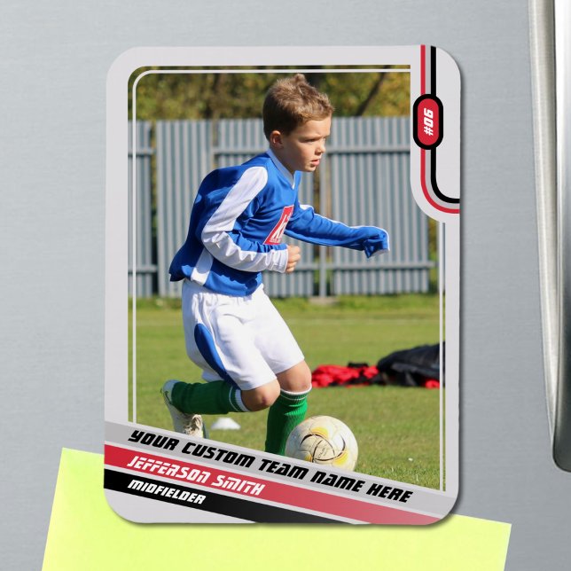 Soccer Player Trading Card Light Grey Red Magnet (Soccer Player Magnet in Light Grey with Custom Team Name and Red Black Elements)