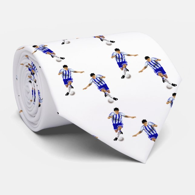 Soccer Players Kicking Ball Blue Uniform Neck Tie (Rolled)
