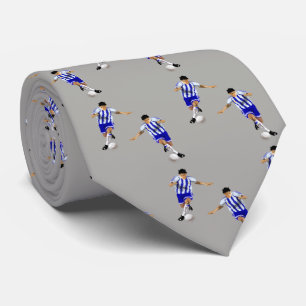 Soccer Players Kicking Ball Blue Uniform Neck Tie
