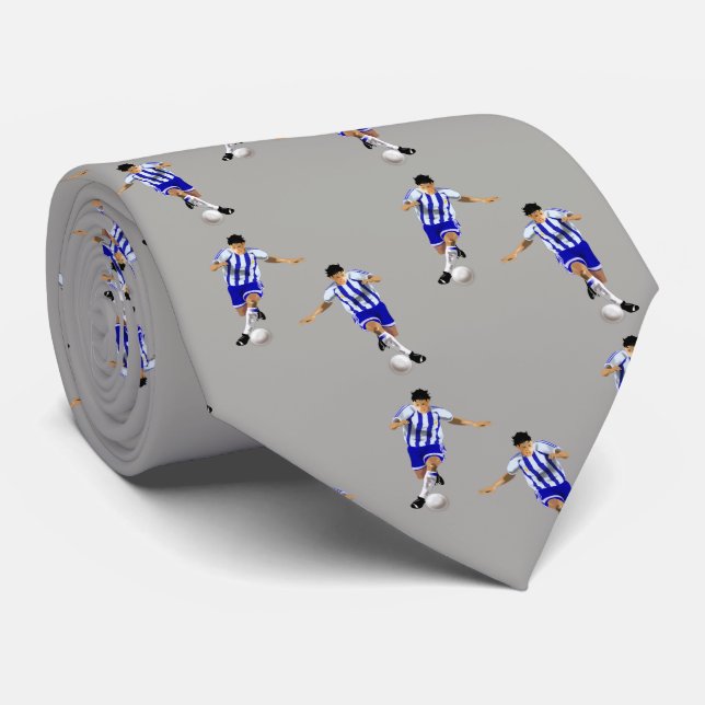 Soccer Players Kicking Ball Blue Uniform Neck Tie (Rolled)