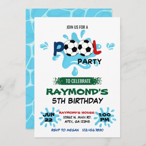 Soccer Pool Party Birthday  Invitation