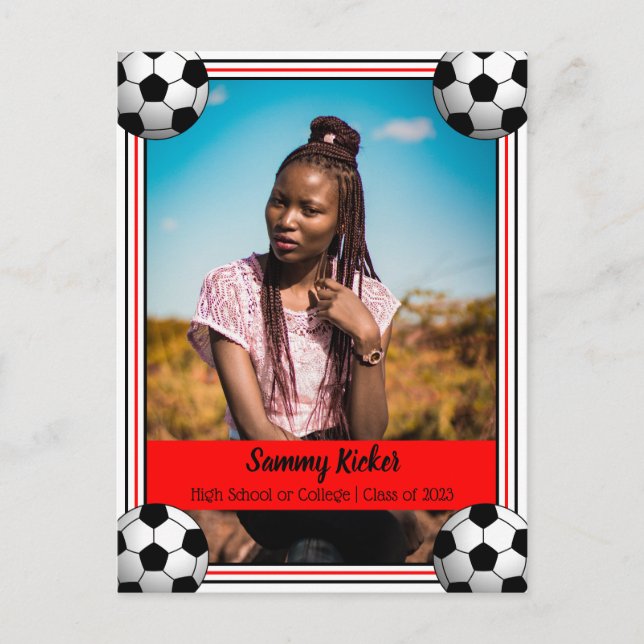 Soccer Red & Black Graduation Announcement Postcard (Front)