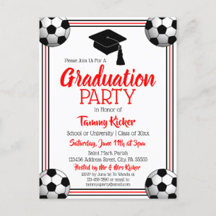 Soccer Red & Black Graduation Party Invitation Postcard