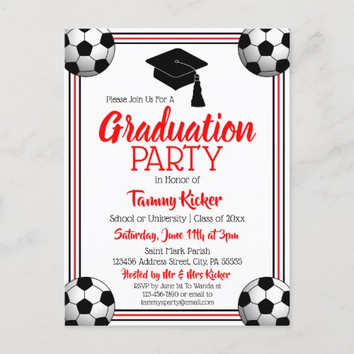 Soccer Red  Black Graduation Party Invitation Postcard