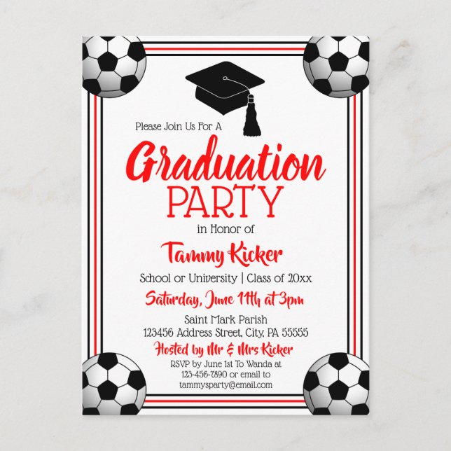 Soccer Red & Black Graduation Party Invitation Postcard (Front)