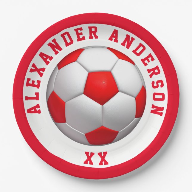 Soccer Red Name and Jersey Personalize   Paper Plates (Front)