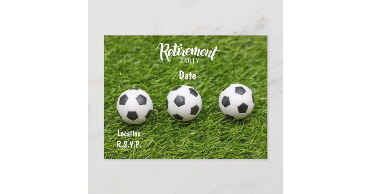 Soccer Retirement Party Invitation on green grass Postcard Zazzle