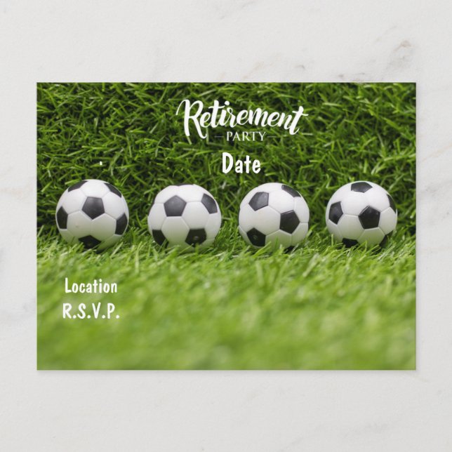 Soccer Retirement Party Invitation on green grass  Postcard (Front)