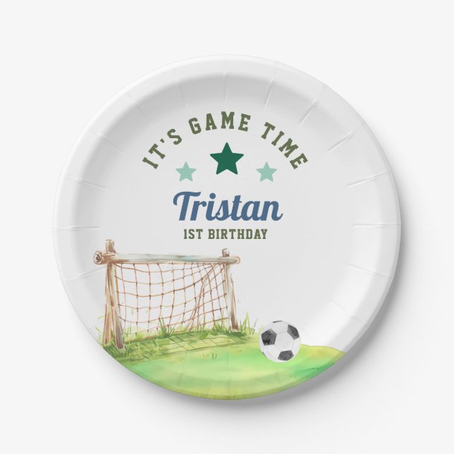 Soccer Rookie “It’s Game Time” First Birthday Paper Plates (Front)