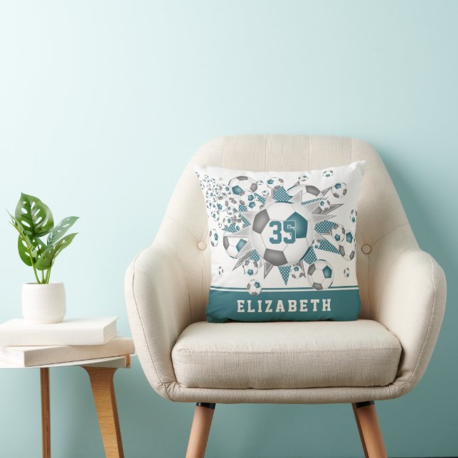 soccer room decor girls sports star teal gray throw pillow (Chair)