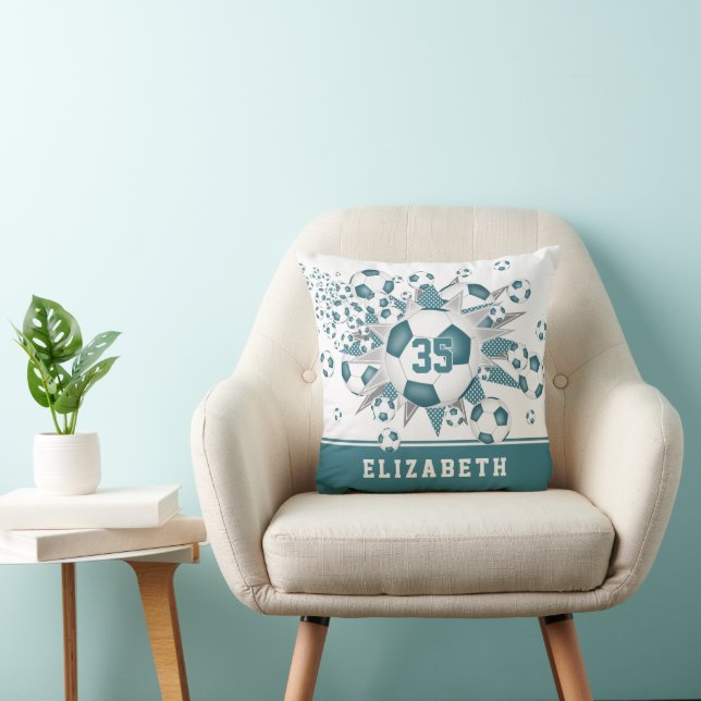 soccer room decor girls sports star teal white throw pillow (Chair)