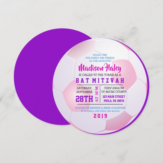 SOCCER ROUND GIRLS Bat Mitzvah Invitation (Front/Back)