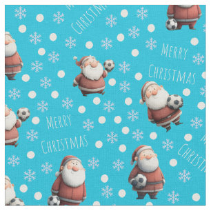 Soccer Santa on Bright Turquoise Blue Fabric