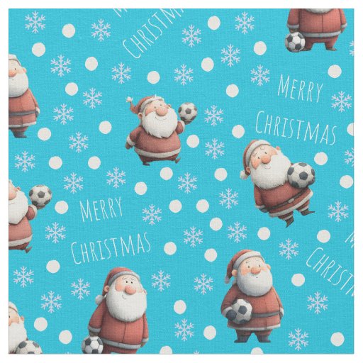 Soccer Santa on Bright Turquoise Blue Fabric