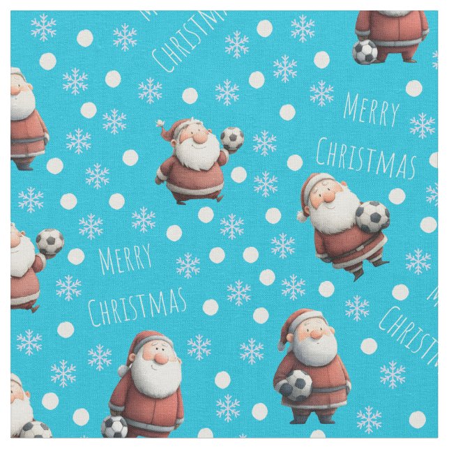 Soccer Santa on Bright Turquoise Blue Fabric (Close Up)