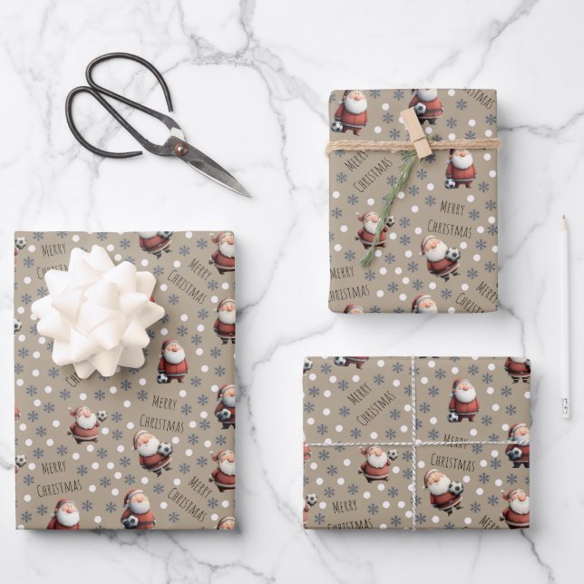 Soccer Santa on Desert Brown Wrapping Paper Sheets (Front)