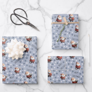 Soccer Santa on Icy Blue-Gray Wrapping Paper Sheets