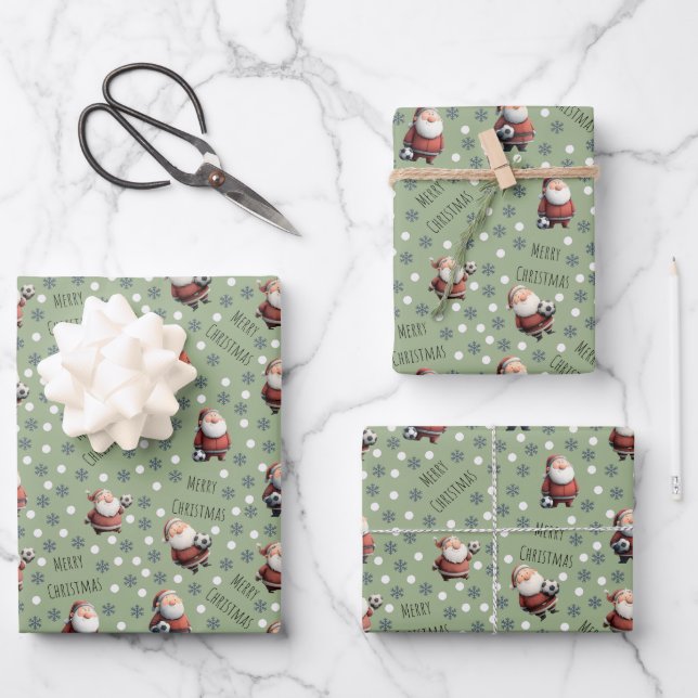 Soccer Santa on Olive Green Wrapping Paper Sheets (Front)