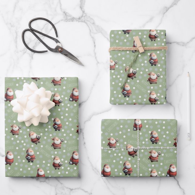 Soccer Santa on Sage Green Wrapping Paper Sheets (Front)