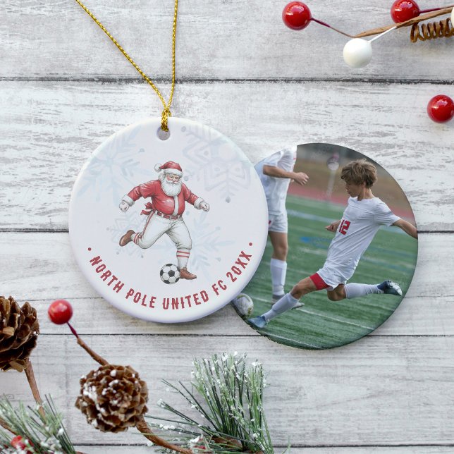 Soccer Santa Personalized Photo Ceramic Ornament (Creator Uploaded)