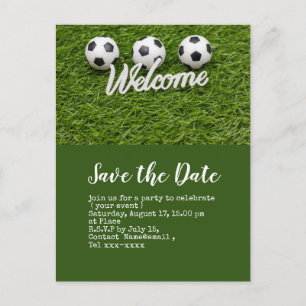 Soccer save the date ball for Welcome Party Postcard