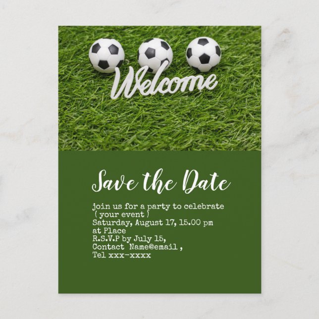 Soccer save the date  ball for Welcome Party  Postcard (Front)