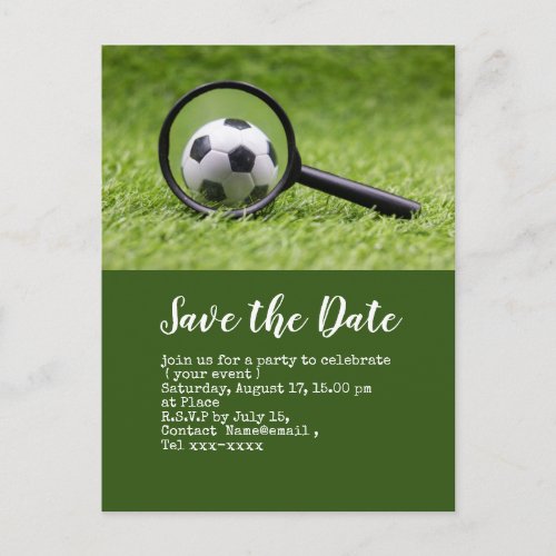 Soccer save the date  with ball on green  postcard