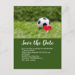Soccer save the date with ball on green with love postcard