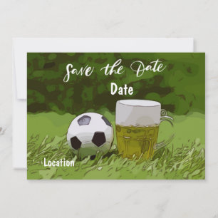Soccer save the date with beer on green grass invitation