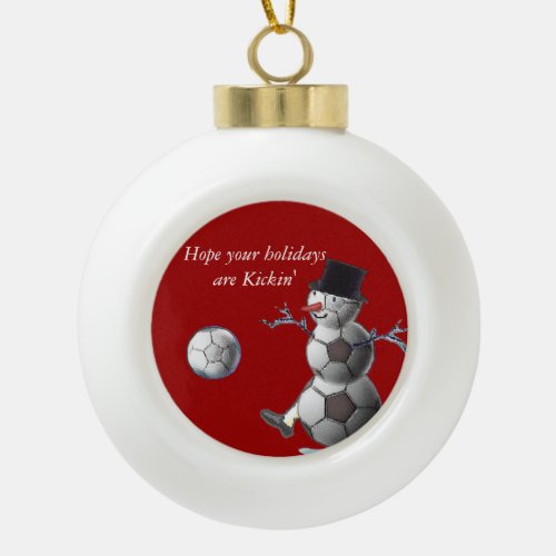 Soccer Snowman Ceramic Ball Christmas Ornament