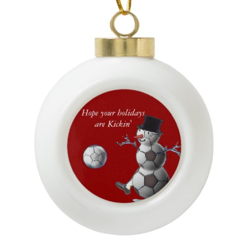 Soccer Snowman Ceramic Ball Christmas Ornament
