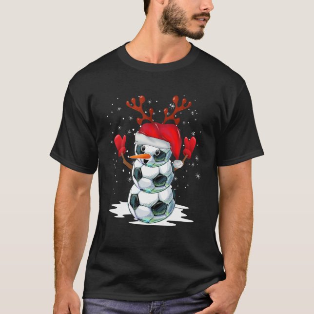 Soccer Snowman Christmas Pajamas Santa Hat Reindee T-Shirt (Front)
