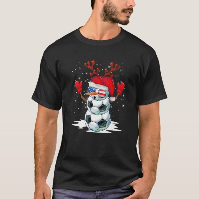 Soccer Snowman Christmas Pajamas Santa Hat Sunglas T-Shirt (Front)