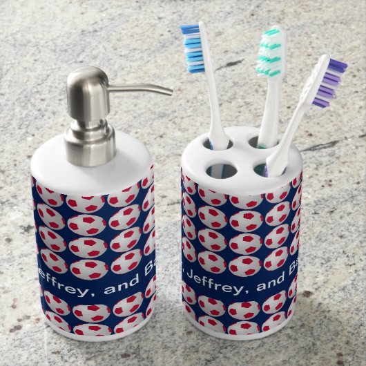 Soccer Soap Dispenser & Toothbrush Holder Set Red (Front)