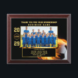 Soccer Sponsor – Personalized Team Appreciation Award Plaque<br><div class="desc">Honor your team’s biggest supporters with this fully customizable soccer-themed plaque. Featuring a fiery soccer ball background, this design allows you to personalize the year, add a business logo, customize sponsor and team names, and include a full player roster. Perfect as a thank-you gift for sponsors, a commemorative award for...</div>