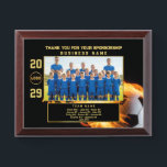 Soccer Sponsor – Personalized Team Appreciation Award Plaque<br><div class="desc">Honor your team’s biggest supporters with this fully customizable soccer-themed plaque. Featuring a fiery soccer ball background, this design allows you to personalize the year, add a business logo, customize sponsor and team names, and include a full player roster. Perfect as a thank-you gift for sponsors, a commemorative award for...</div>
