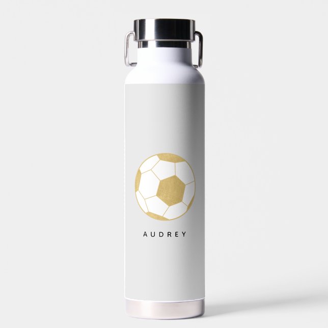 Soccer Sports Custom Name Gold Gray Water Bottle (Front)