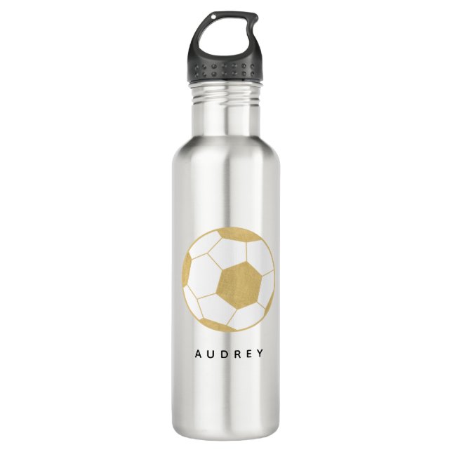 Soccer Sports Custom Name Gold Gray Water Bottle (Front)