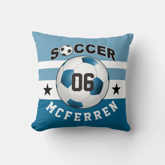 Soccer Sports Jersey Custom Name Number | blue Throw Pillow (Front)