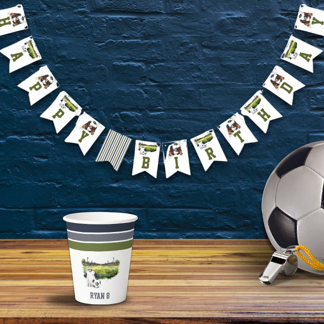 Soccer Sports Kids Birthday Bunting Flags (Green Blue Soccer Birthday Party Bunting Flag)