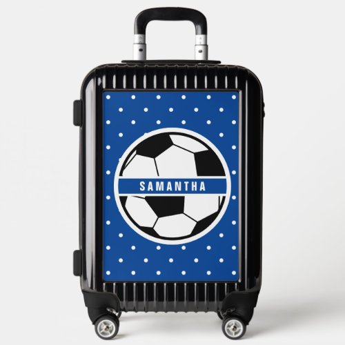 Soccer Sports Monogram Blue and White Polka Dots Luggage