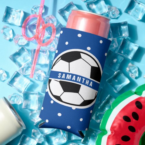 Soccer Sports Monogram Blue and White Polka Dots Seltzer Can Cooler