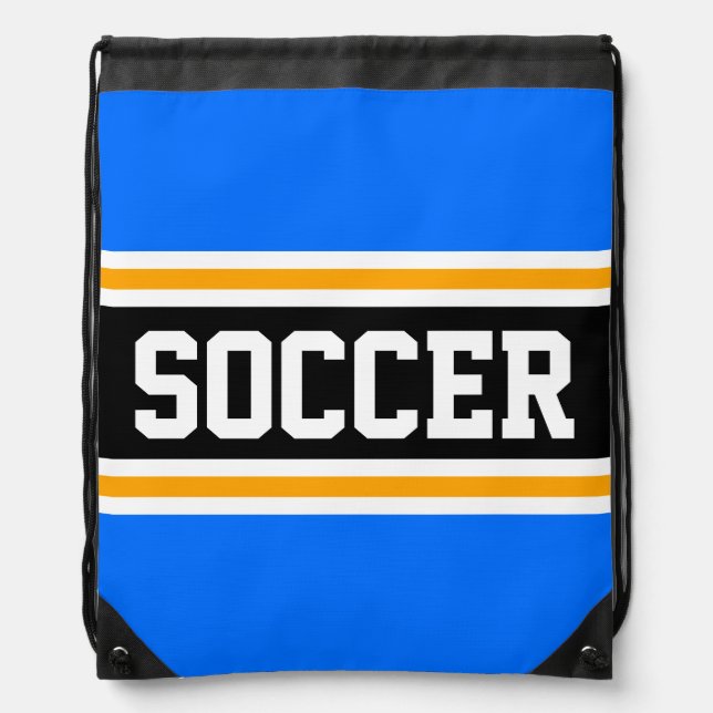 SOCCER Sporty Bright Blue Black Orange Stripes Drawstring Bag (Front)