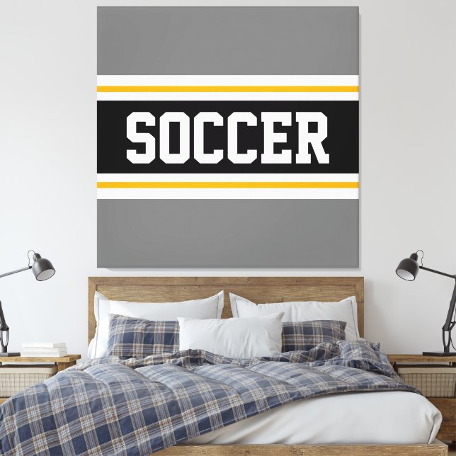 SOCCER Sporty Gray Black White Orange Stripes Canvas Print (Insitu(Bedroom))